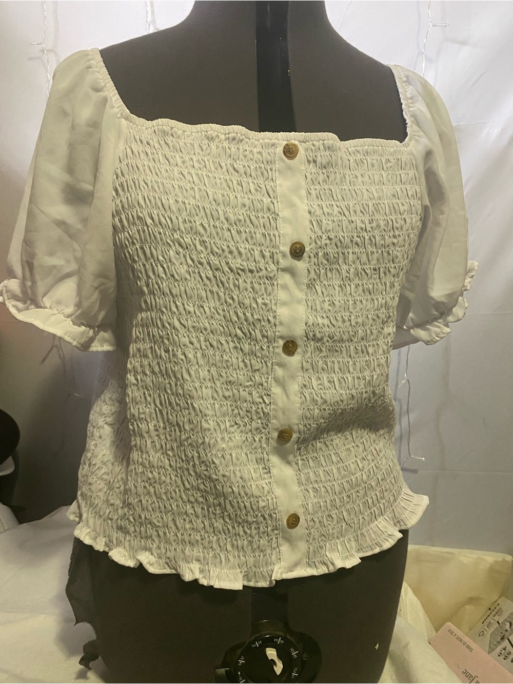 Smocked Square Neck Puff Sleeve Top - White
